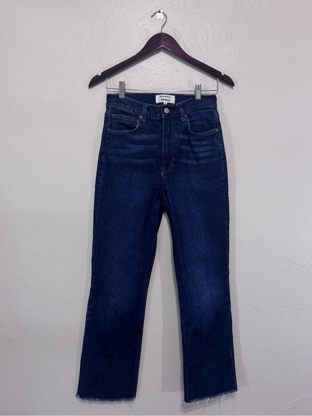 Reformation Peyton High Rise Bootcut Jeans Womens 26 Dark Wash Raw Hem Stretch